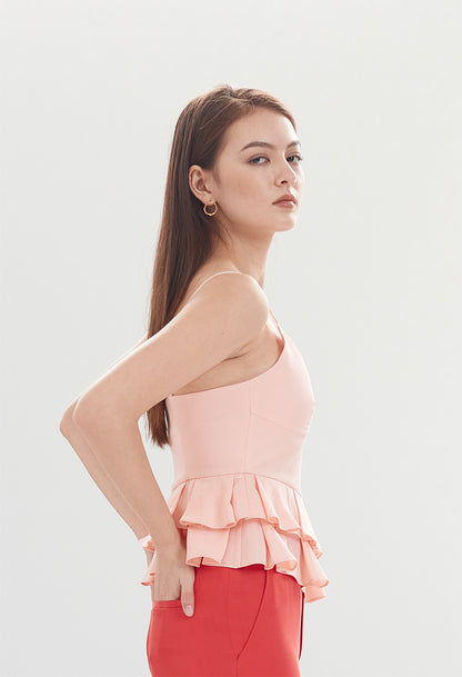 Asymmetrical Ruffle Peplum Sleeveless Top in Peony Pink