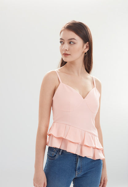 Asymmetrical Ruffle Peplum Sleeveless Top in Peony Pink