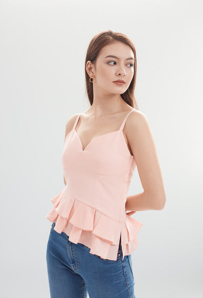 Asymmetrical Ruffle Peplum Sleeveless Top in Peony Pink