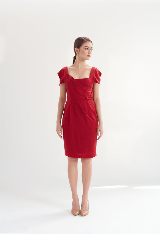 Square Neck Dress with Pockets in Cherry