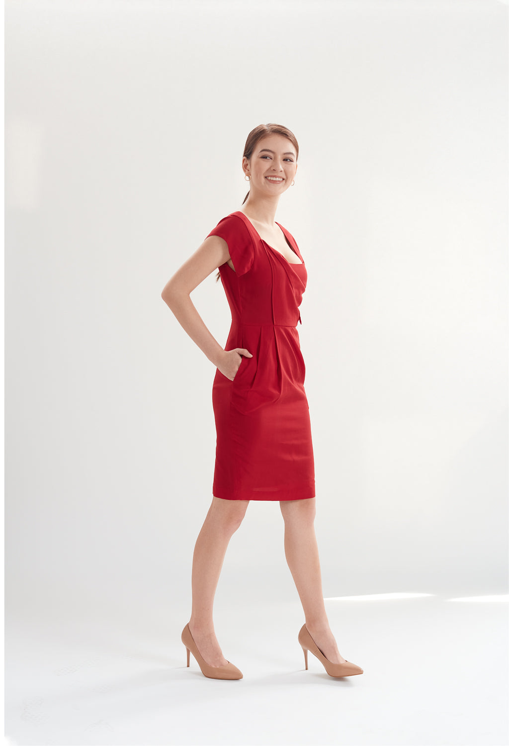 Square Neck Dress with Pockets in Cherry