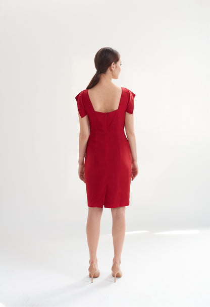 Square Neck Dress with Pockets in Cherry