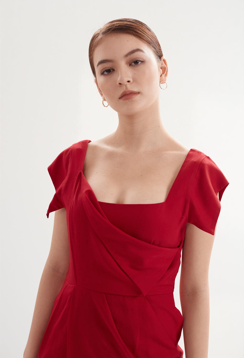 Square Neck Dress with Pockets in Cherry