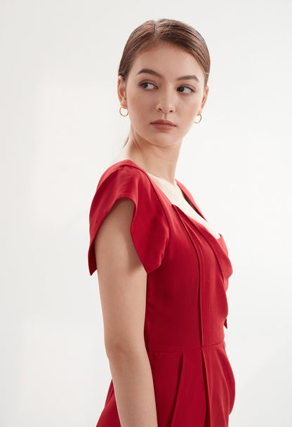 Square Neck Dress with Pockets in Cherry