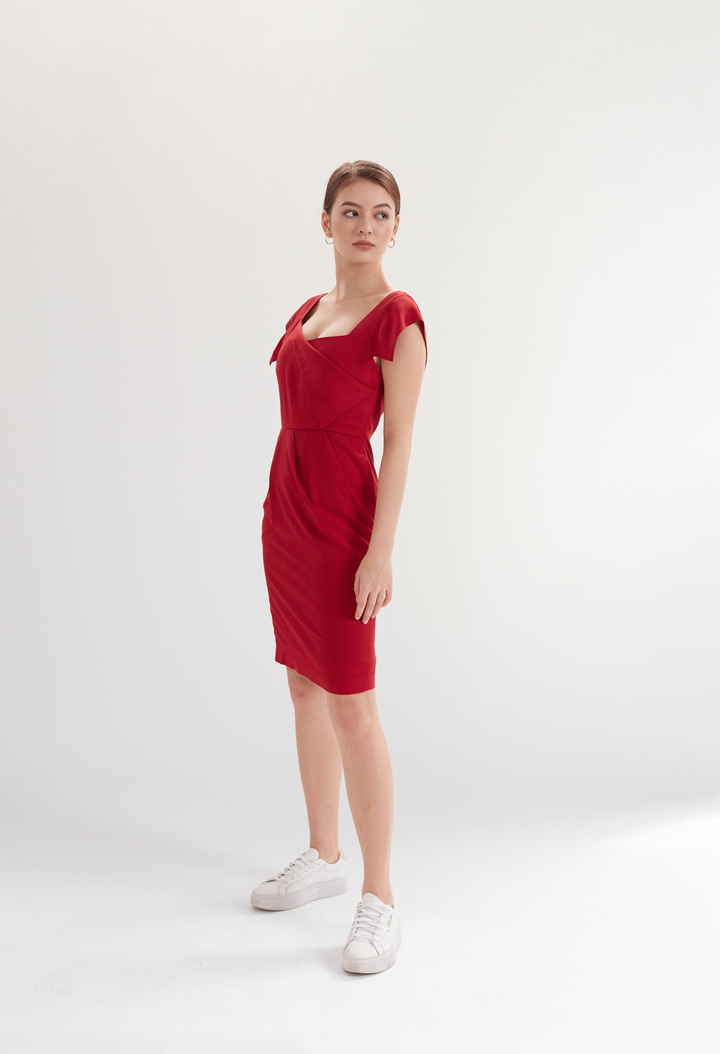 Square Neck Dress with Pockets in Cherry