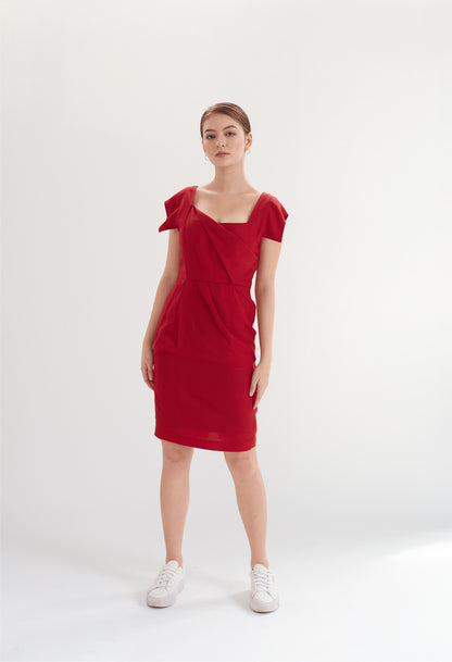 Square Neck Dress with Pockets in Cherry